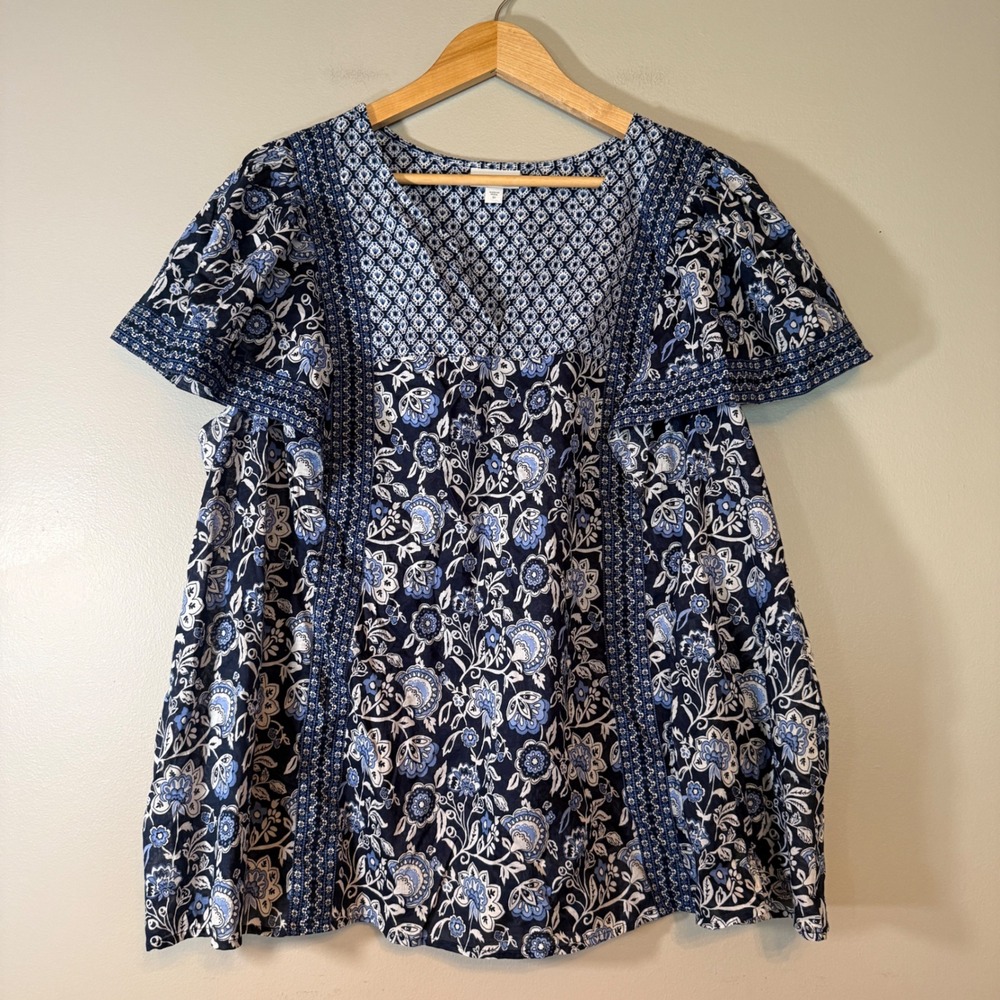 J. Jill Navy Blue Floral Cotton V-Neck Blouse Plus Size 3X Mixed Print Tunic